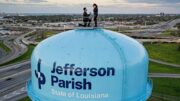 Couple posing atop the Jefferson Parish water tower in Metairie during a satirical engagement inspired by New York's Empire State Building proposal.