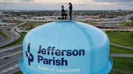 Couple posing atop the Jefferson Parish water tower in Metairie during a satirical engagement inspired by New York's Empire State Building proposal.
