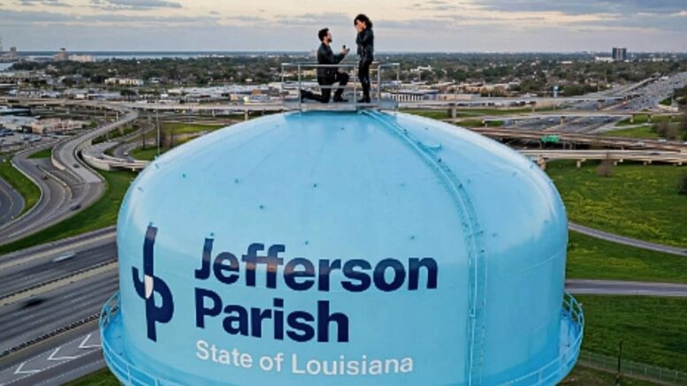 Couple posing atop the Jefferson Parish water tower in Metairie during a satirical engagement inspired by New York's Empire State Building proposal.