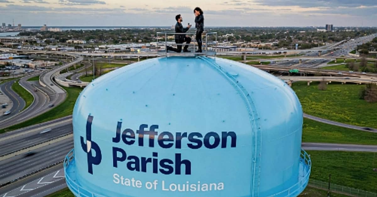Couple posing atop the Jefferson Parish water tower in Metairie during a satirical engagement inspired by New York's Empire State Building proposal.