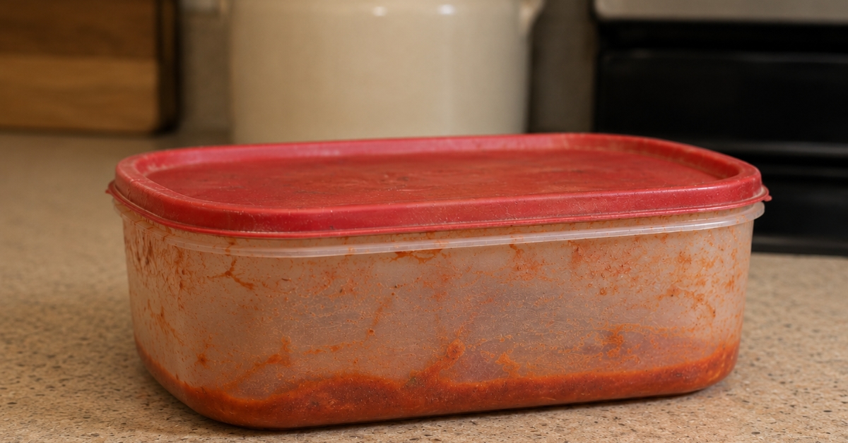 A well-used plastic food storage container with a stained red lid sits on a kitchen countertop, showing years of use transporting homemade leftovers.