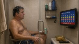 A man sits in a lawn chair inside a running glass-enclosed shower with a cooler, snacks, and a TV showing an extreme heat forecast, showing a story about man deciding to live in the shower during a Louisiana summer. Louisiana man lives in shower.