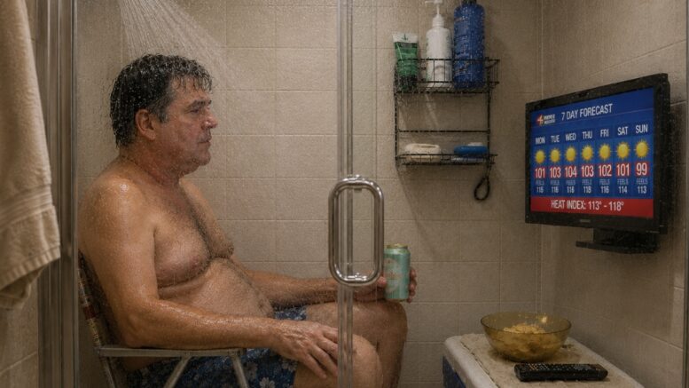 A man sits in a lawn chair inside a running glass-enclosed shower with a cooler, snacks, and a TV showing an extreme heat forecast, showing a story about man deciding to live in the shower during a Louisiana summer. Louisiana man lives in shower.