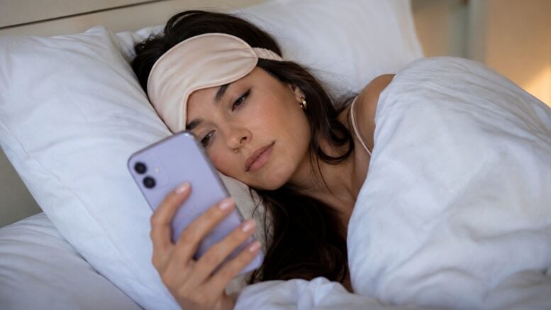 Woman wearing a sleep mask lying in bed while looking at her phone for a Permanent Daylight Saving Time article about Louisianans being "on my way."