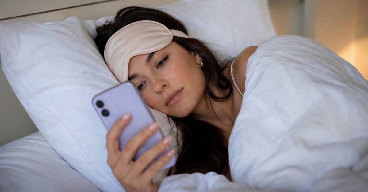 Woman wearing a sleep mask lying in bed while looking at her phone for a Permanent Daylight Saving Time article about Louisianans being "on my way."