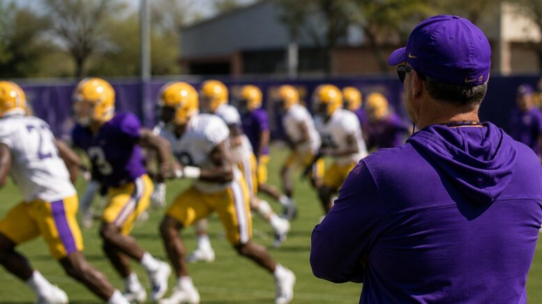LSU football practice illustrating the Jayden Daniels No. 5 dispute and 5-star recruiting