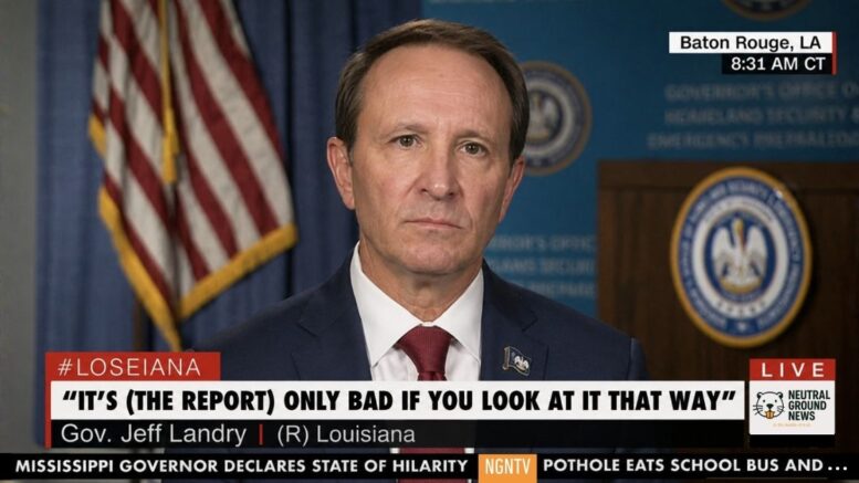 Gov. Jeff Landry speaks at a podium while addressing Louisiana's last-place ranking in the U.S. News Best States report.