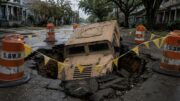 National Guard Humvee trapped in a New Orleans pothole surrounded by Sewerage and Water Board barriers.