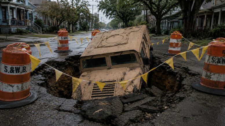 National Guard Humvee trapped in a New Orleans pothole surrounded by Sewerage and Water Board barriers.