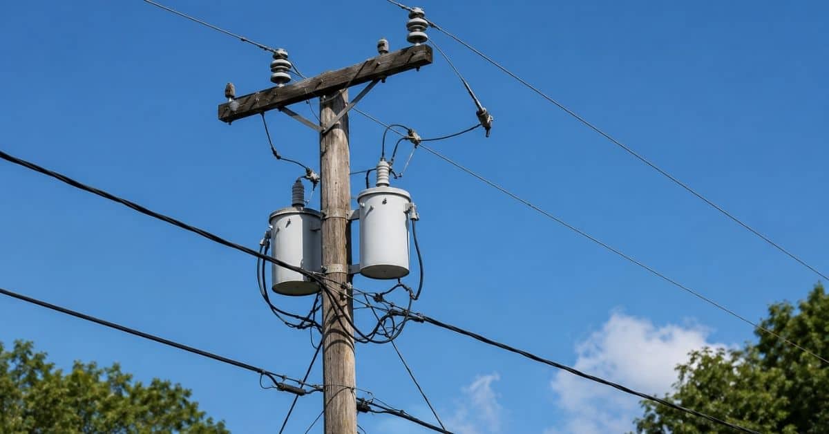 Utility pole and power lines in New Orleans during a widespread power outage.
