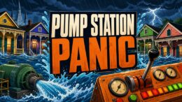 Pump Station Panic New Orleans flood-control game with rising water, neighborhood homes and municipal pumps during a rainstorm.