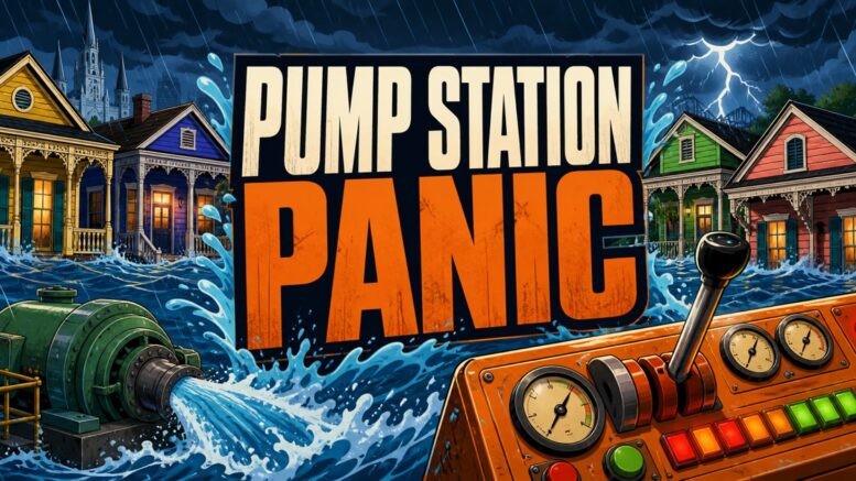 Pump Station Panic New Orleans flood-control game with rising water, neighborhood homes and municipal pumps during a rainstorm.