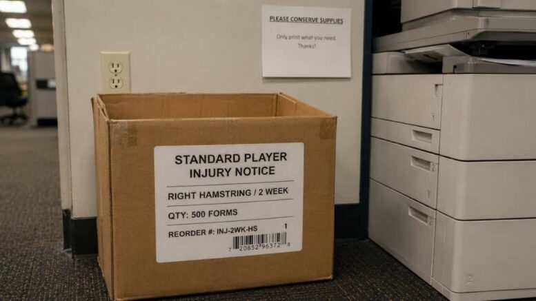 Box of standardized player injury notice forms for right hamstring injuries and two-week recovery timelines beside an office copier.