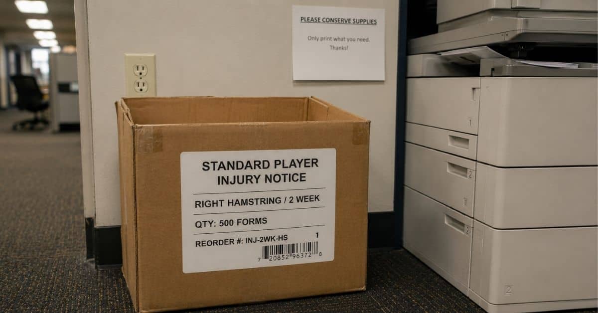 Box of standardized player injury notice forms for right hamstring injuries and two-week recovery timelines beside an office copier.