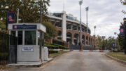 Ole Miss stadium entrance with a visiting team security checkpoint ahead of LSU’s trip to Oxford.