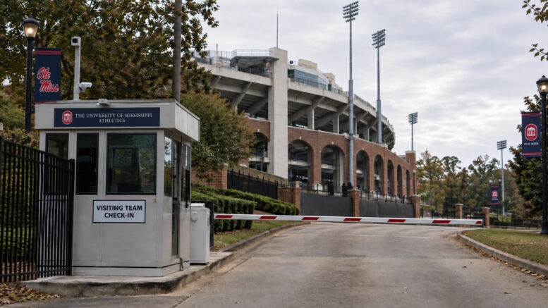 Ole Miss stadium entrance with a visiting team security checkpoint ahead of LSU’s trip to Oxford.