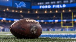 Football on the turf at Ford Field after the New Orleans Saints' loss to the Detroit Lions, 31-30.