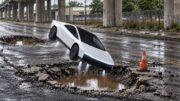 White Tesla Roadster descending into a New Orleans pothole after clearing another beneath the Claiborne overpass