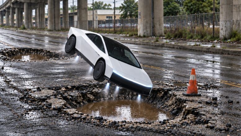 White Tesla Roadster descending into a New Orleans pothole after clearing another beneath the Claiborne overpass
