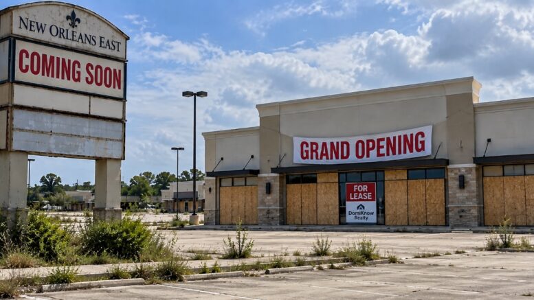 A boarded-up retail store in New Orleans East displays a Grand Opening banner and For Lease sign from DomiKnow Realty, with a weathered Coming Soon sign overlooking the empty parking lot.