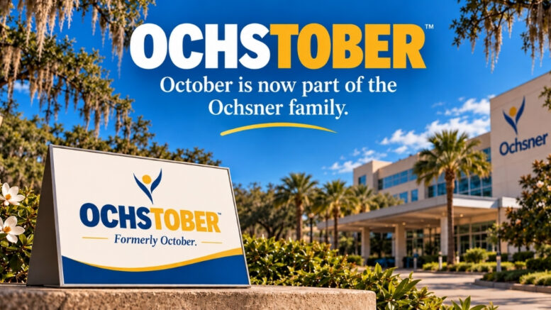 Ochsner Health announces acquisition of October and rebrands the month as Ochstober in Neutral Ground News graphic.